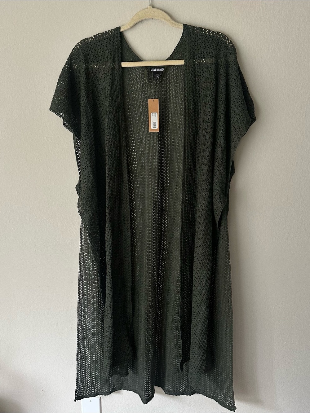 Steve Madden Open Knit Long Kimono Cardigan - Forest Green One size
